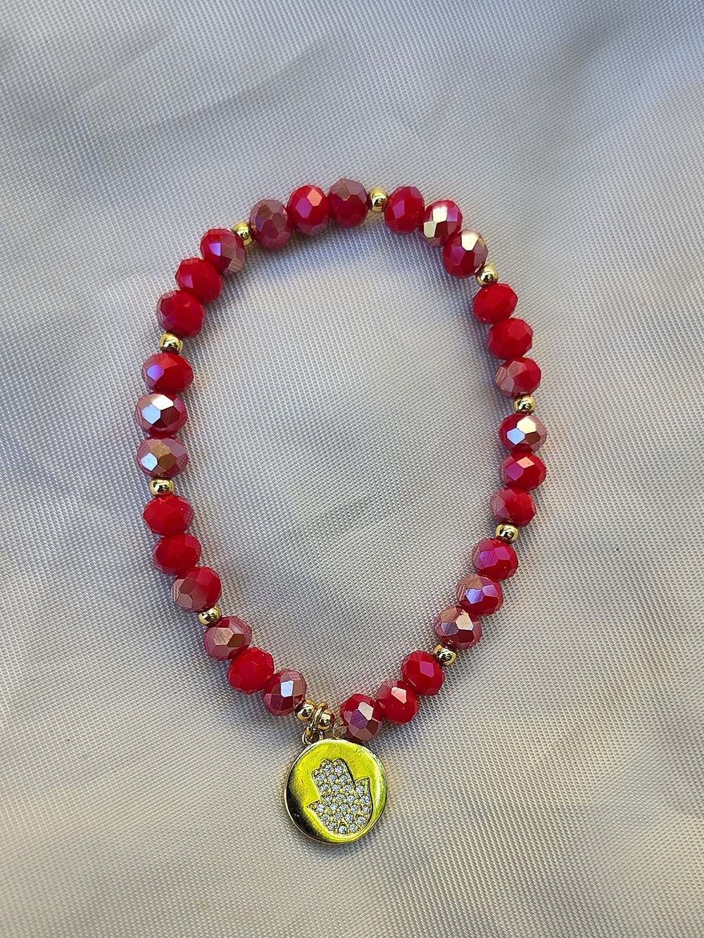 Red Beaded Hamsa Hand Bracelet - Crystal Beads